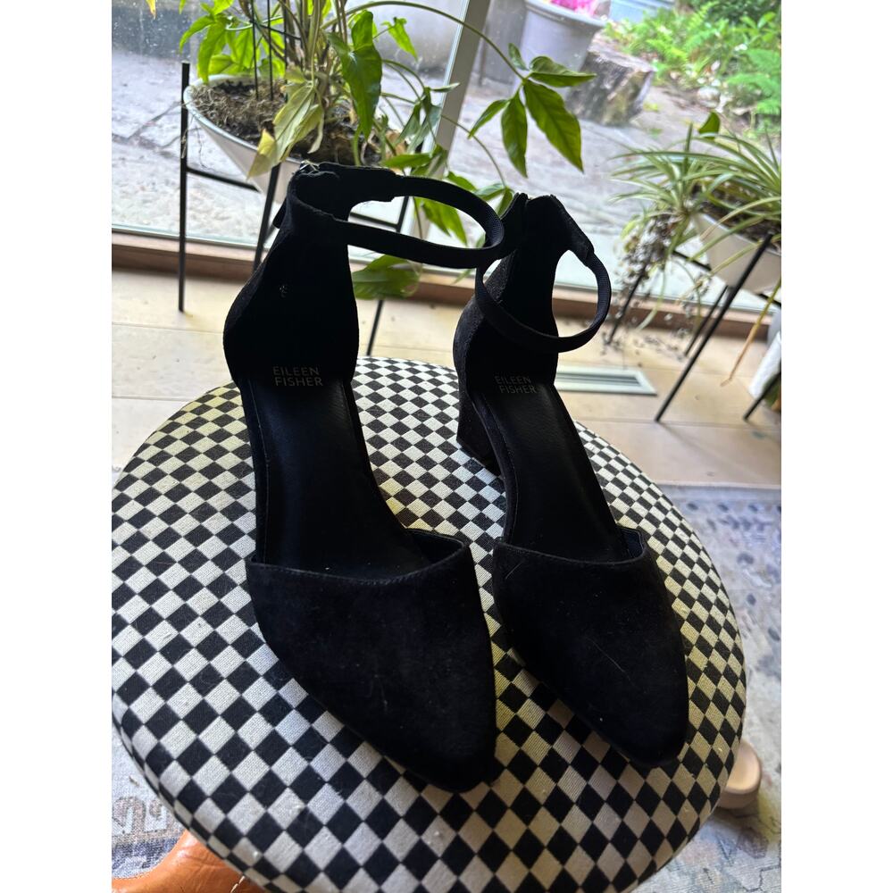 Eileen Fisher Black Suede Wedge Sandal, Size 7.5 — Ankle Strap, Block Wedge